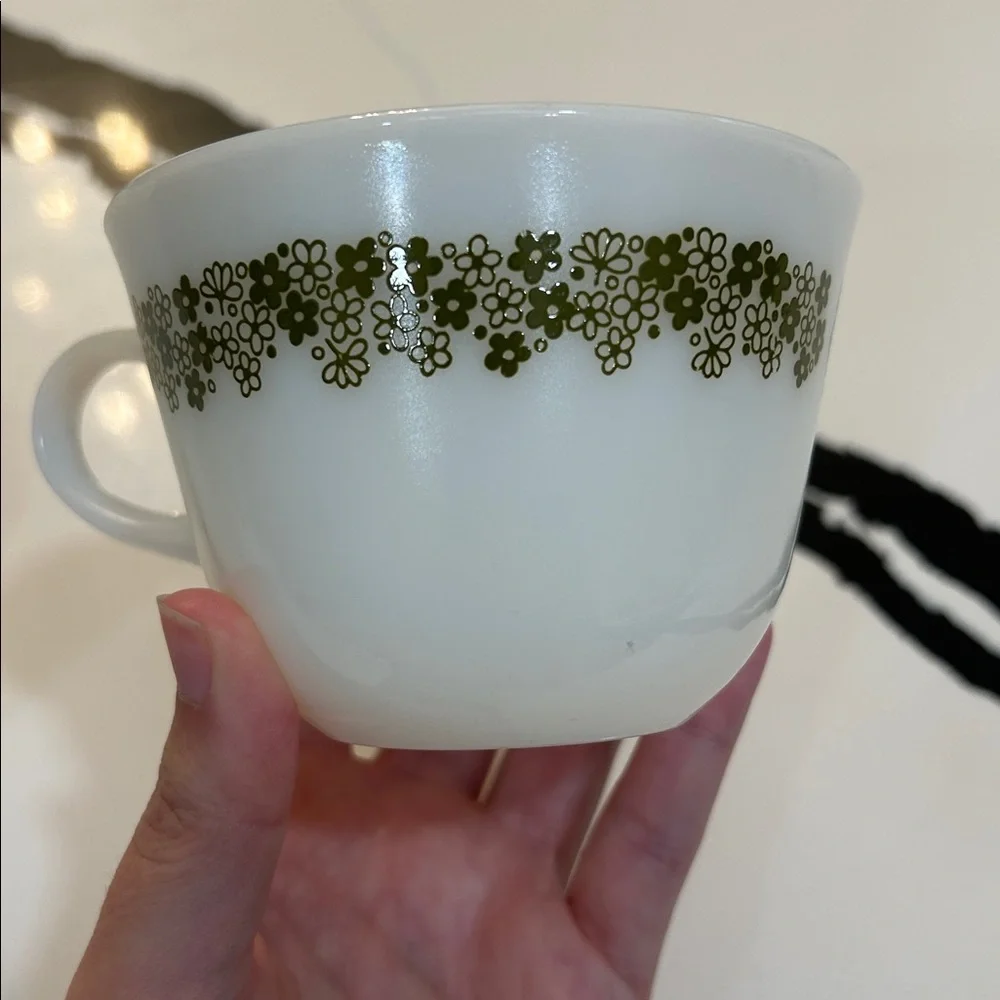Vintage Pyrex Green Crazy Daisy Spring Blossom Milk Glass Coffee Cups Set of 3